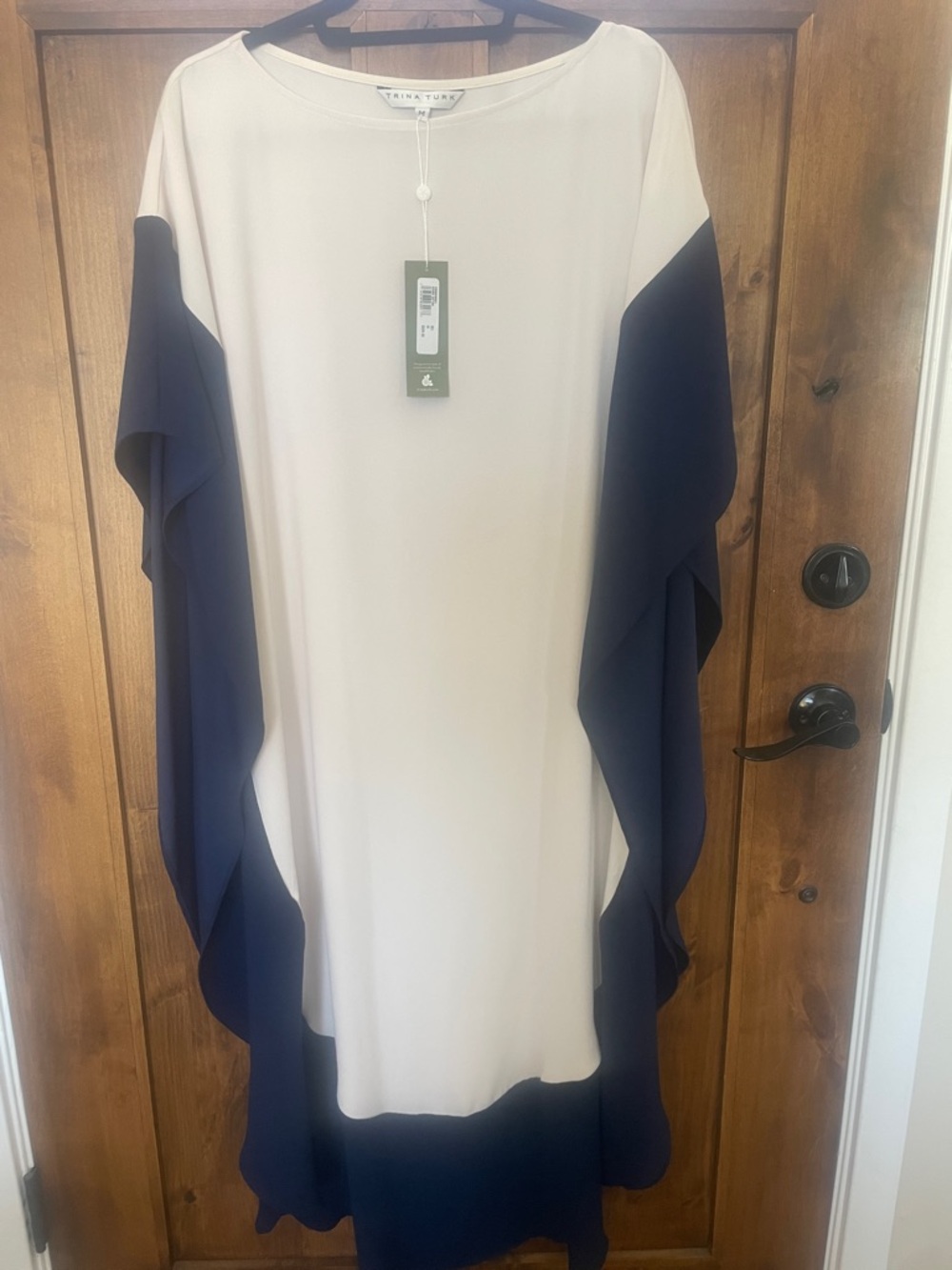 Trina Turk White and Navy Ruffle-Panel Tunic Dress
